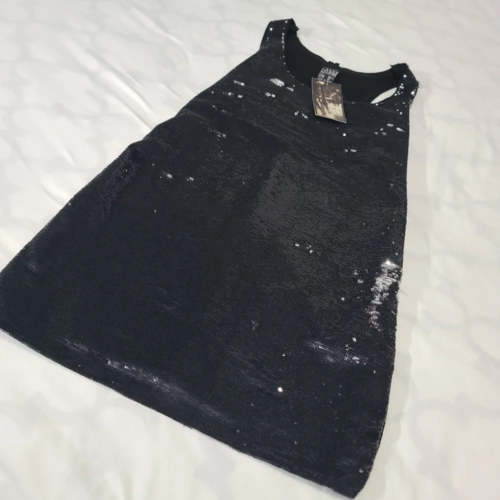 Zara Evening‎ Collection Black Sequin Tank Racerback Sheath Slip Mini Dress Med